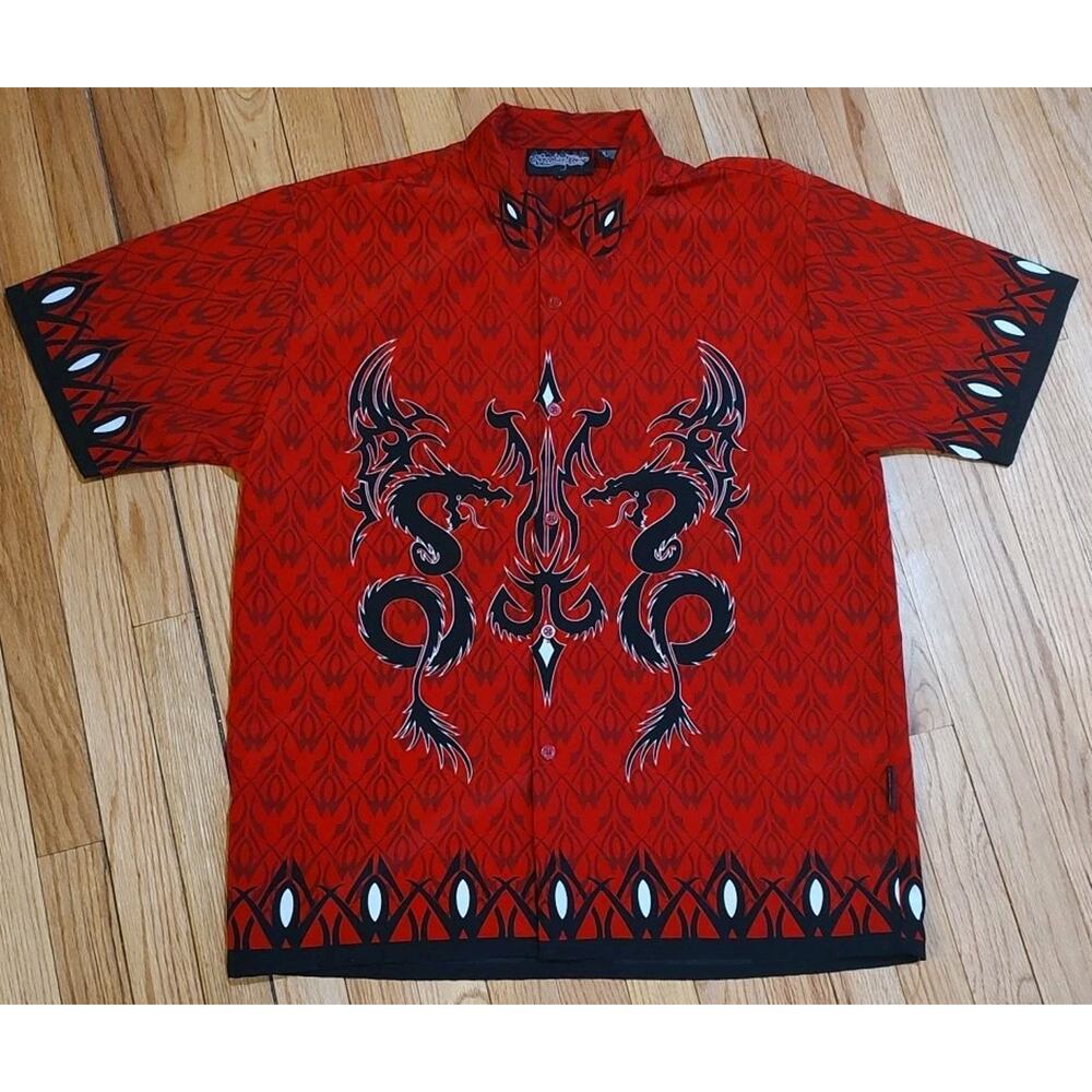 Men's Sapphire Lounge Shirt Dragon Red Black Button up Short Sleeve - Large